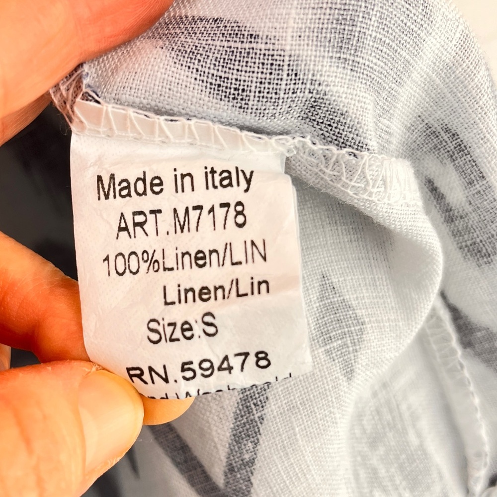 Luisa Perla 100% Linen Dress Sleeveless Blue White Ikat Print Resort Chic Sz S - Picture 8 of 12